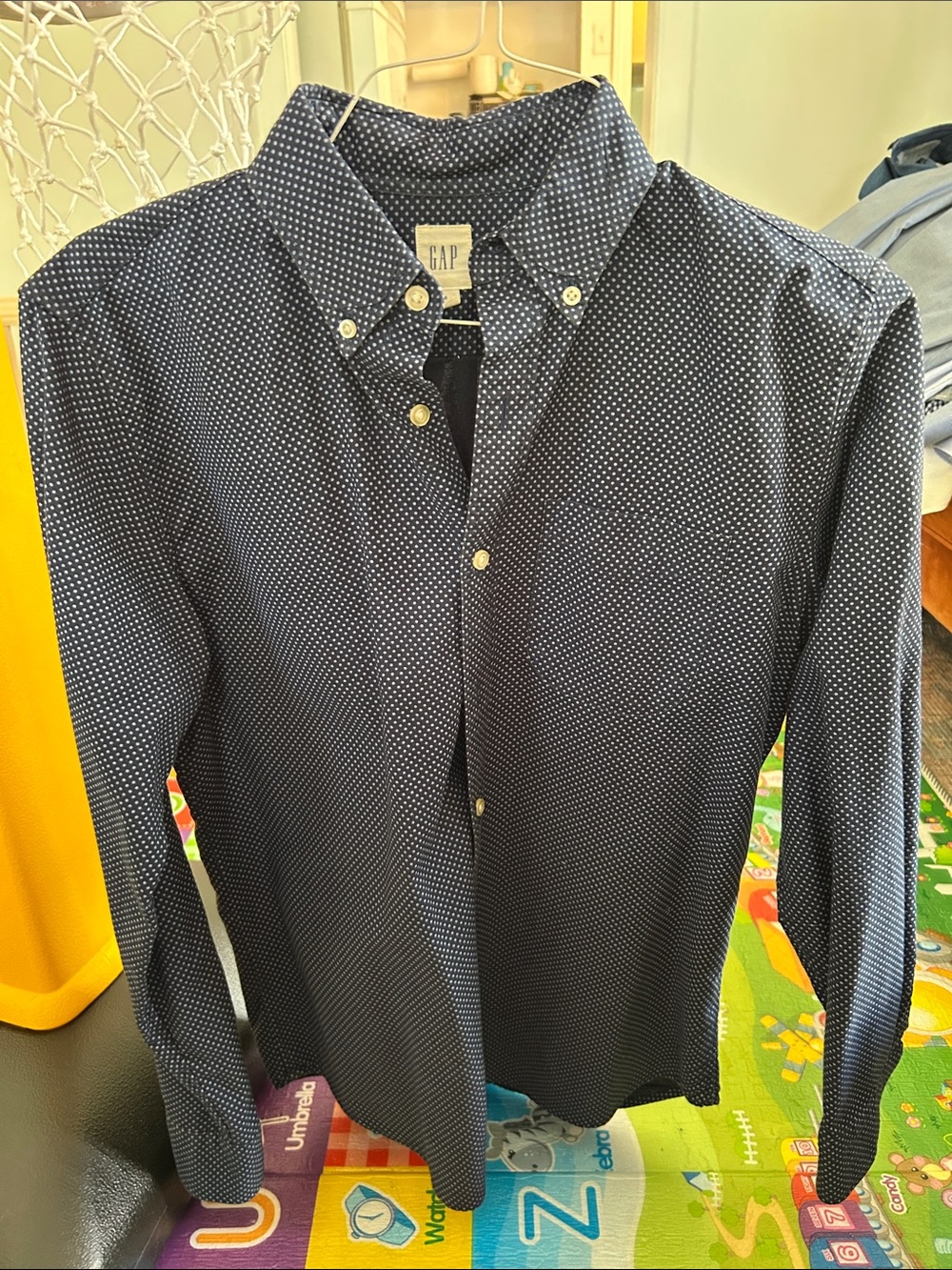 GAP Men's Navy Button-Down Shirt with White Micro Dot Pattern